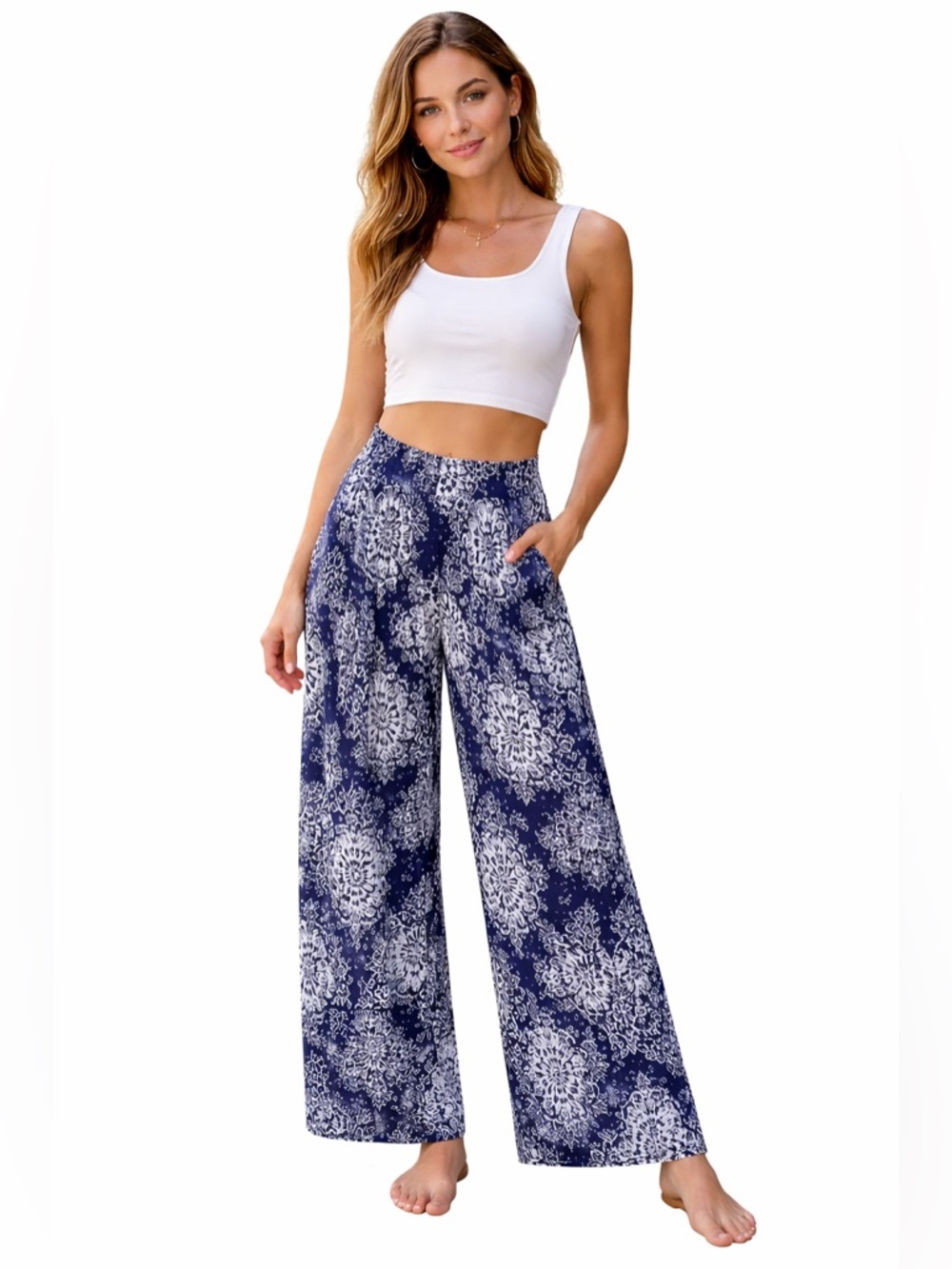 Navy & White Wide Leg Printed Palazzo Pants